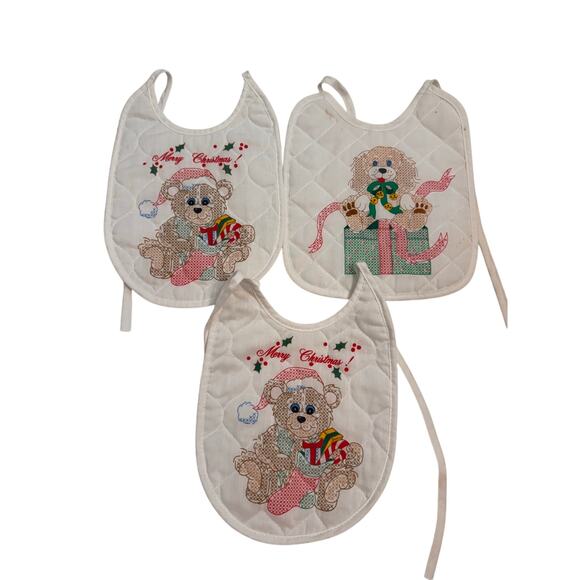 Set of 6 Vintage White Quilted Cross Stitch Look Baby Bibs Holiday Design Santa - Picture 3 of 6